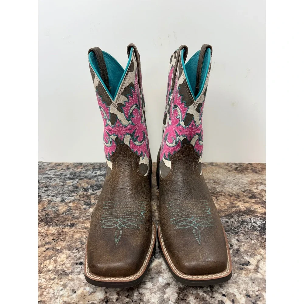 Ariat Girls Cowgirl Boots Cow Print Pink Embroidery Wiggle Room Brown 5 Western